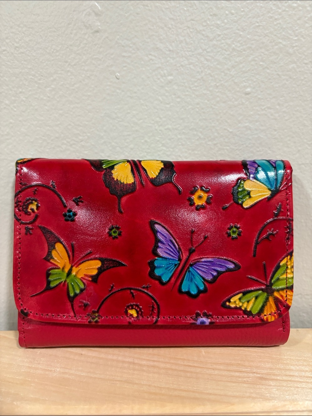 Women's Red Butterfly Leather Wallet - Colorful Embossed Design